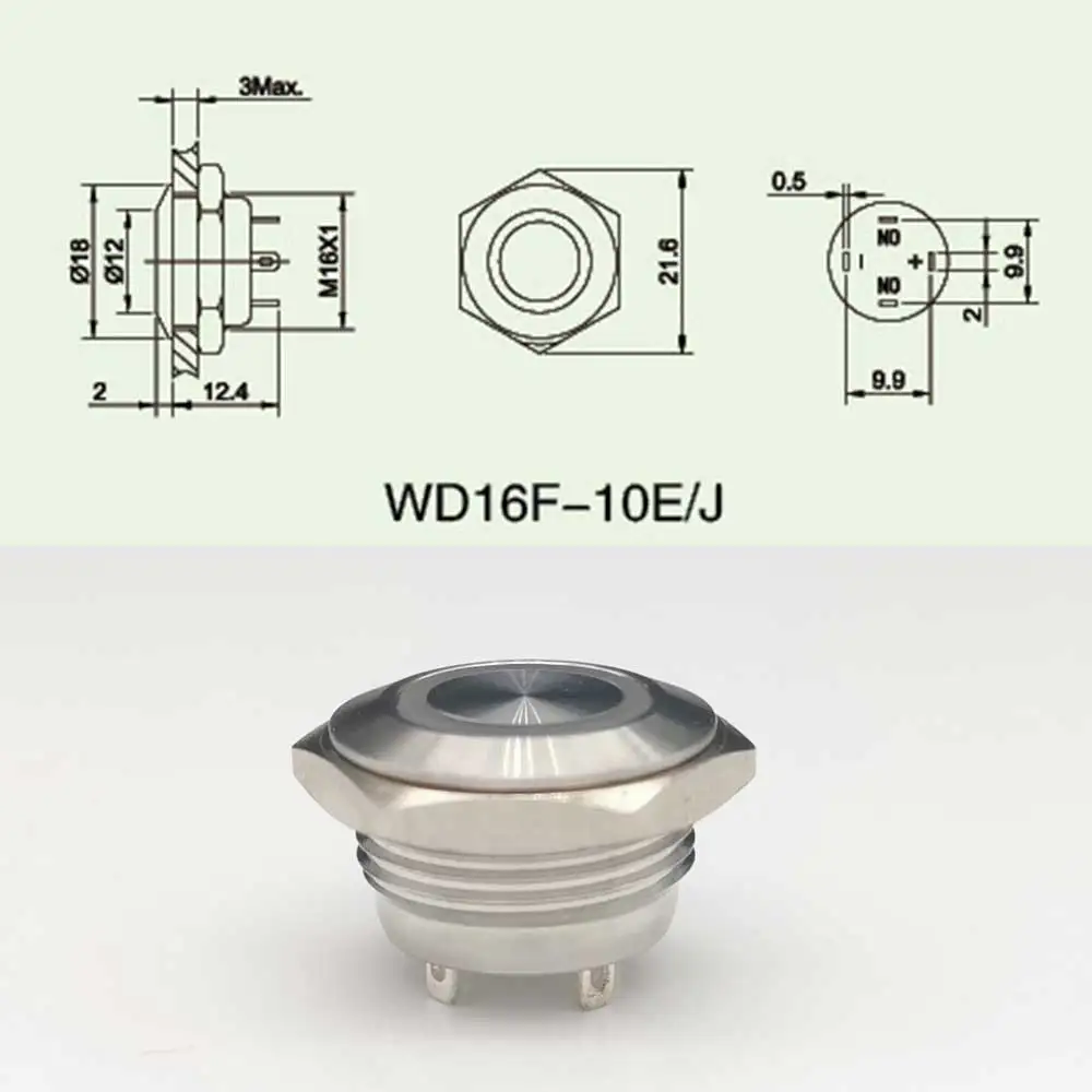 Yueshun 16mm Self Reset Ultra-short Mirco Push Button Switch with 12V 24V Led Light  Stainless Steel 4PIN