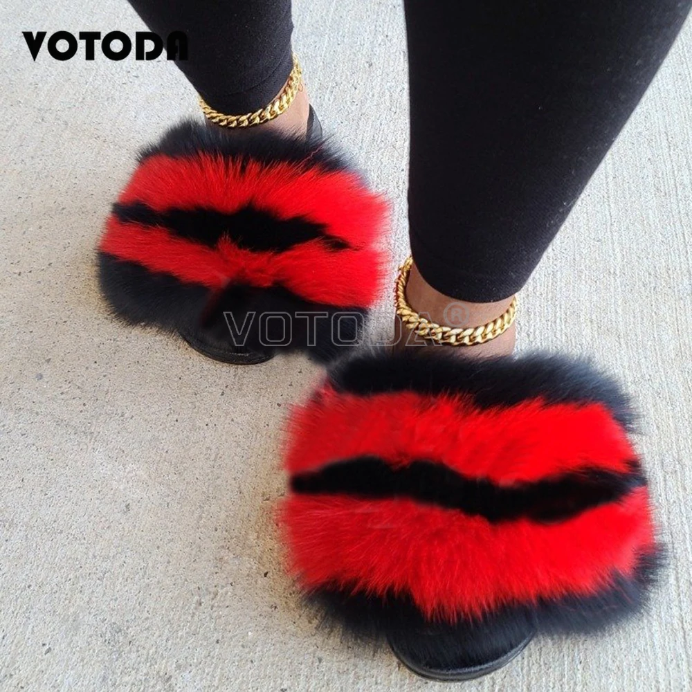 Fluffy Raccoon Fur Slippers Shoes Women Fur Flip Flop Flat Furry Fur Slides Outdoor Sandals  Fuzzy Slippers Woman Amazing Shoes