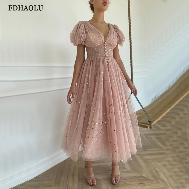 

FDHAOLU FU126 Short Pink Prom Dresses V-Neck Puff Sleeves Pleated Tulle Evening Dresses Buttons Tea-Length A-Line Party Gowns