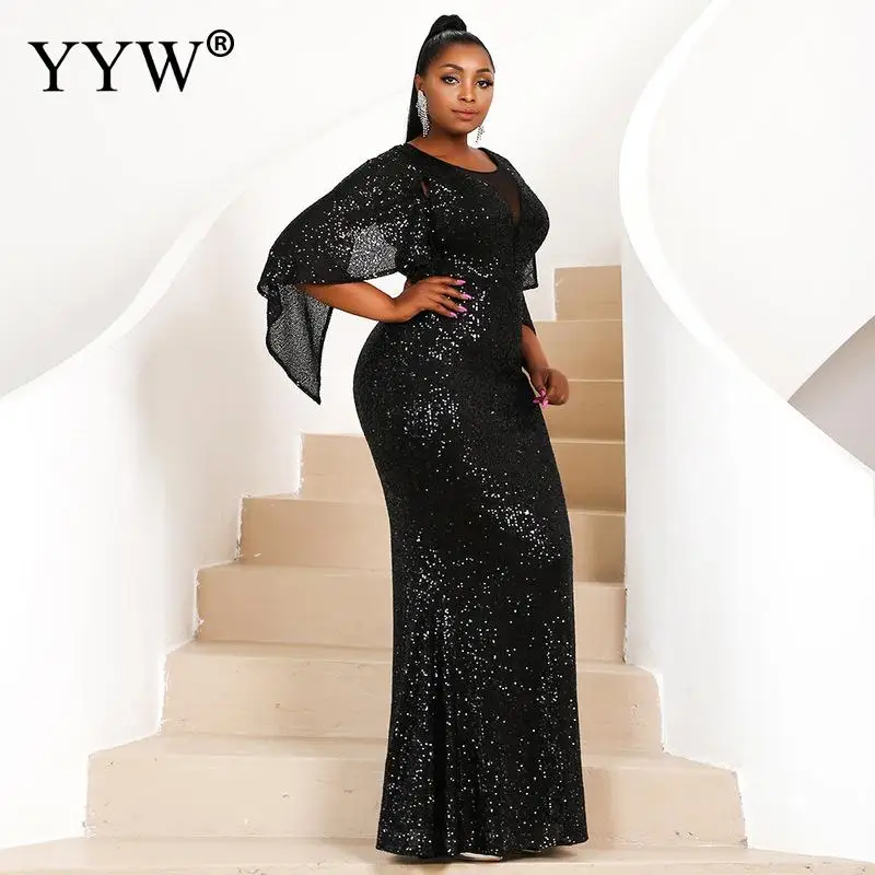 Sequins Hollow Half Sleeve Cocktail Wedding Party Dress PLus Size Mermaid Long Black Formal Prom Party Gown vestidos de noite