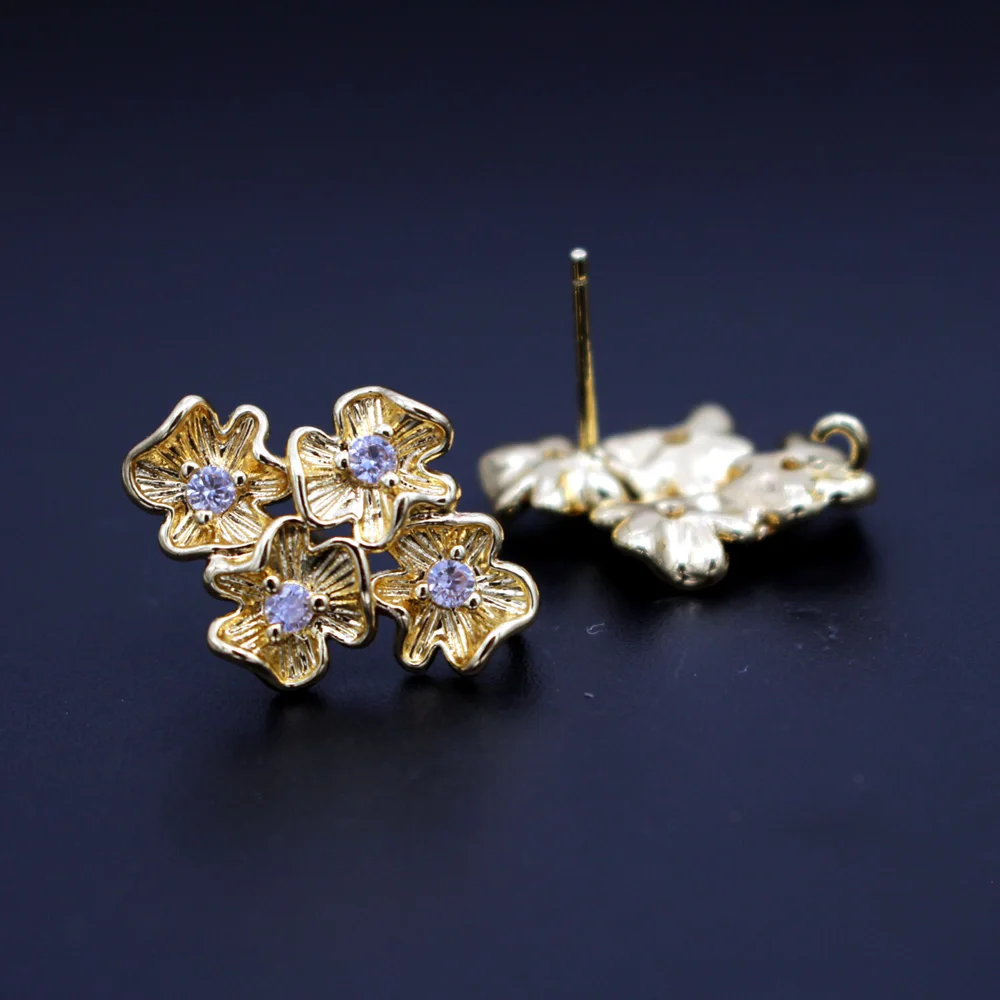 6pair Gold Plated Cubic Zirconia Earrings Post 4 Flowers 925 Sterling Silver Stud Pins Linkers for Women Bridal Earring