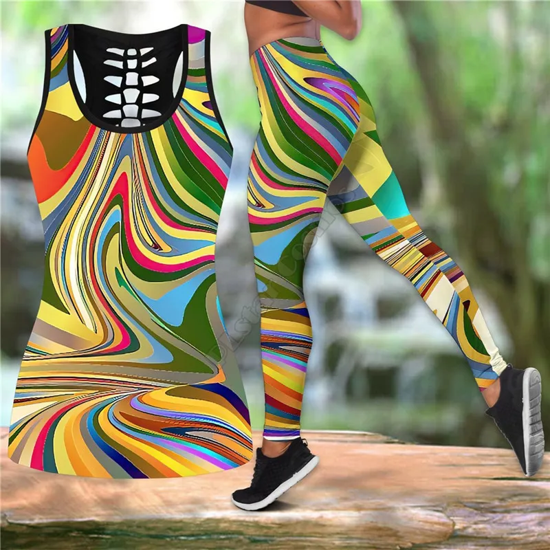 

Psychedelic Color Hippie Combo Outfit Leggings and Hollow out Tank Top Suit Yoga Fitness Soft Legging Summer Women For Girl