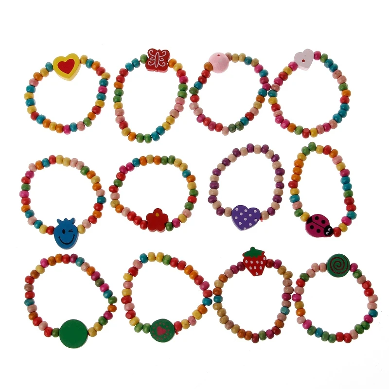 12Pcs Colourful Wooden Bracelets Little Girls Bracelets Kit Kids Fashion Jewelry