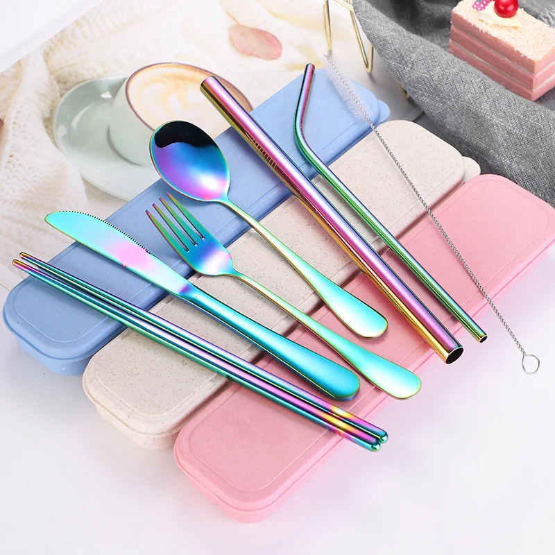 304 stainless steel portable tableware box 7-piece set knife fork spoon chopsticks Straw set outdoor tableware set