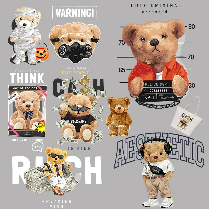 Personality art word plush doll bear animal pattern Iron On Transfer Vinyl Sticker For Clothes Stickers Printed Decoration