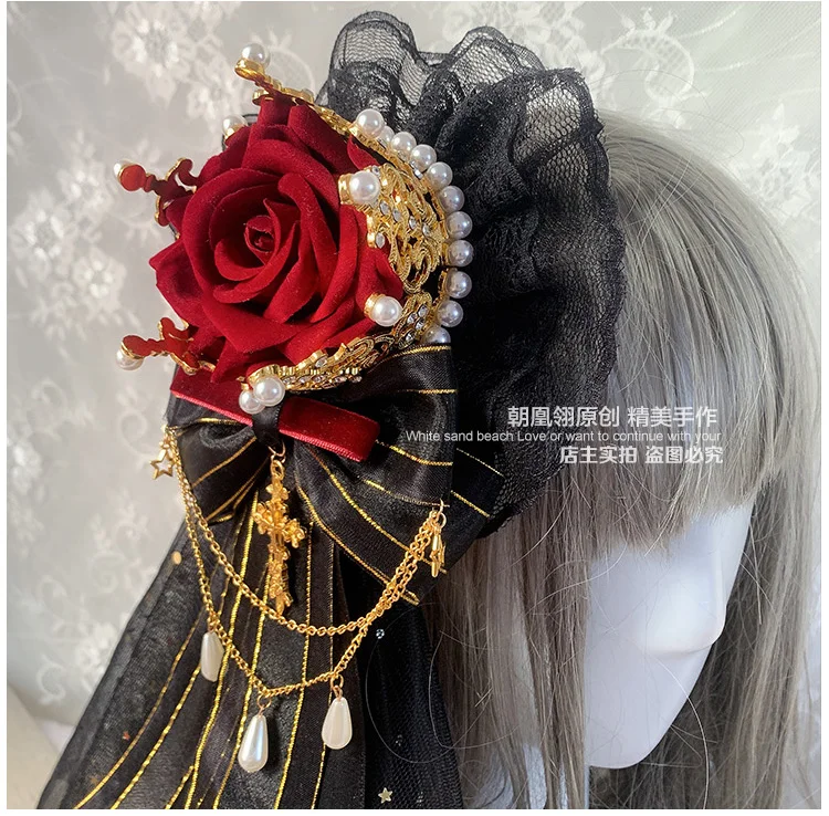 Original Gothic Lolita Crown Dark Hand-Made Headdress Gorgeous Veil Flower Pill Lolita Accessories Vintage Hair Accessories