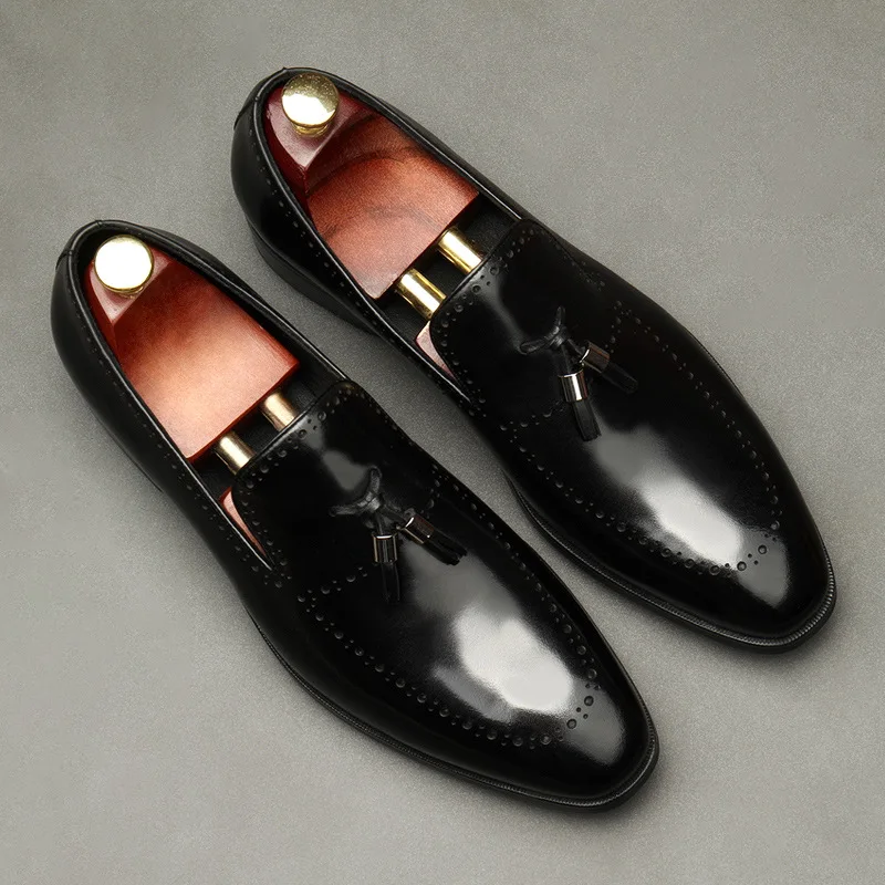 

Genuine Leather Dress Men Shoes Black Slip-On Tassel Wedding Shoes Mens Loafers Business Leisure Party Shoes Office Work Shoes