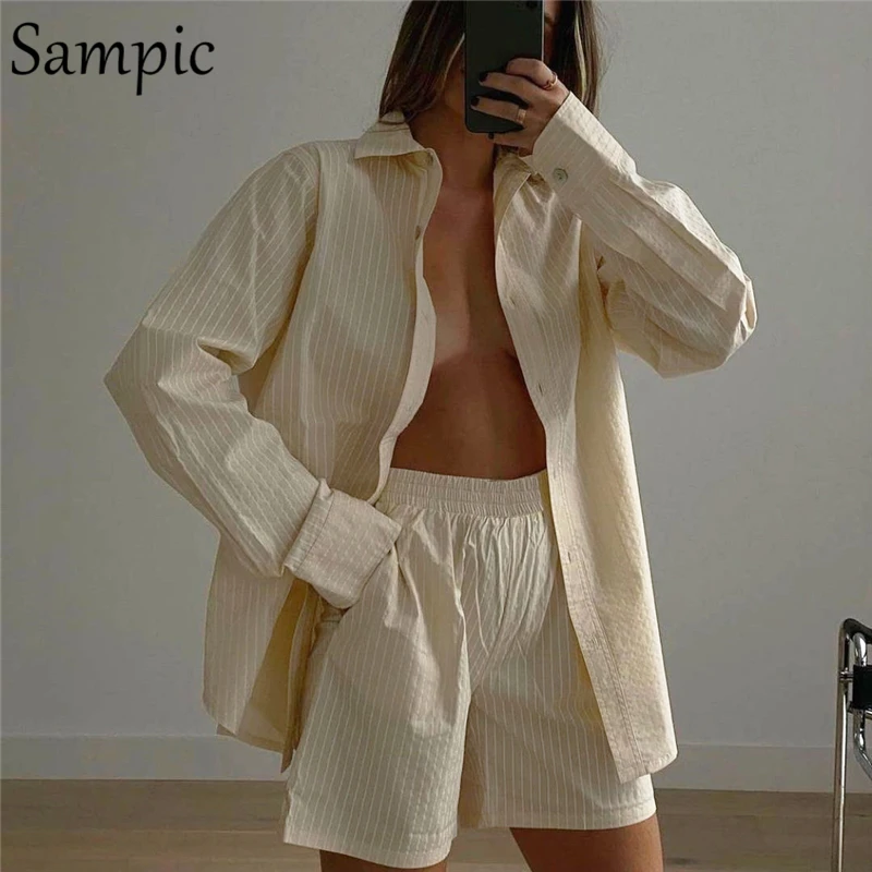 Sampic Loung Wear Tracksuit Women Shorts Set Stripe Long Sleeve Shirt Tops And Waist Loose High Mini Shorts Two Piece Sets 2021