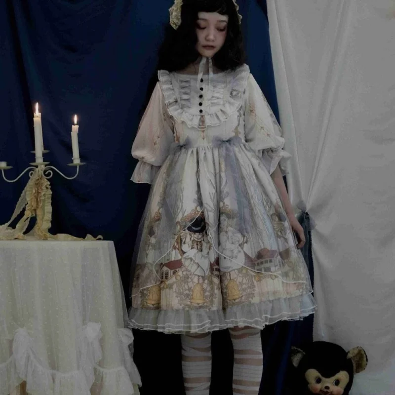 ญี่ปุ่นหวานLolita Vintageนุ่มผู้หญิงสูงเอวพิมพ์ชุดวิคตอเรียKawaiiสาวGothic Lolita Op Loli Cos