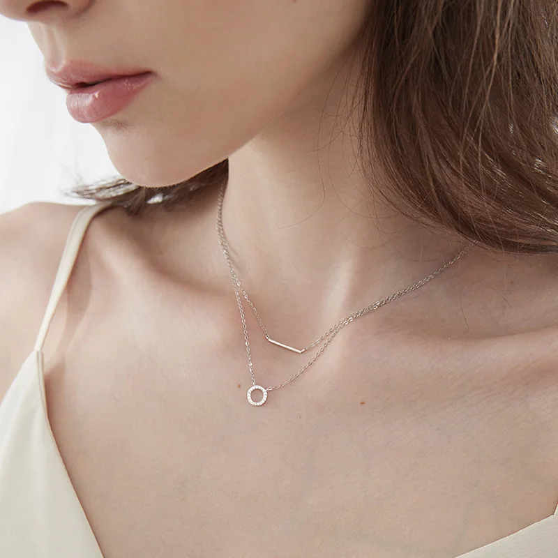KOFSAC Fashion 925 Sterling Silver Jewelry Necklaces For Women Shiny Zircon Circle Double Chain Necklace Lady Anniversary Gifts