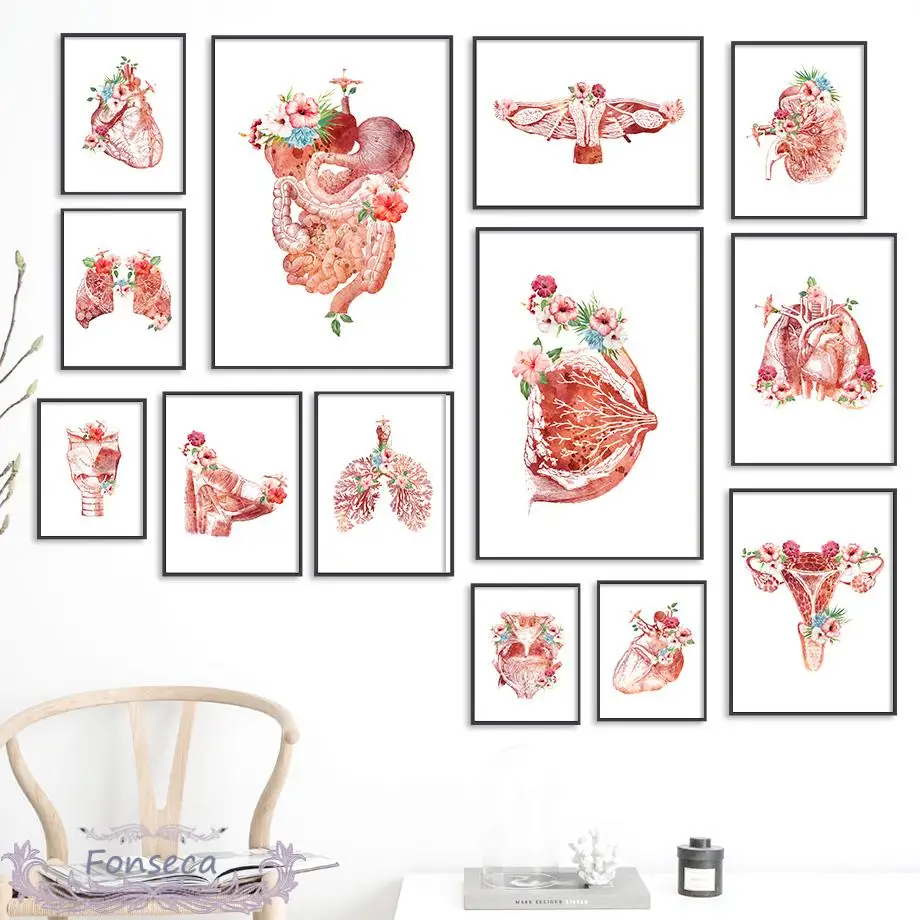 Pink Internal Organs Flower Posters and Prints Kidney Liver Anatomy Canvas Painting Wall Art Pictures for Doctors Office