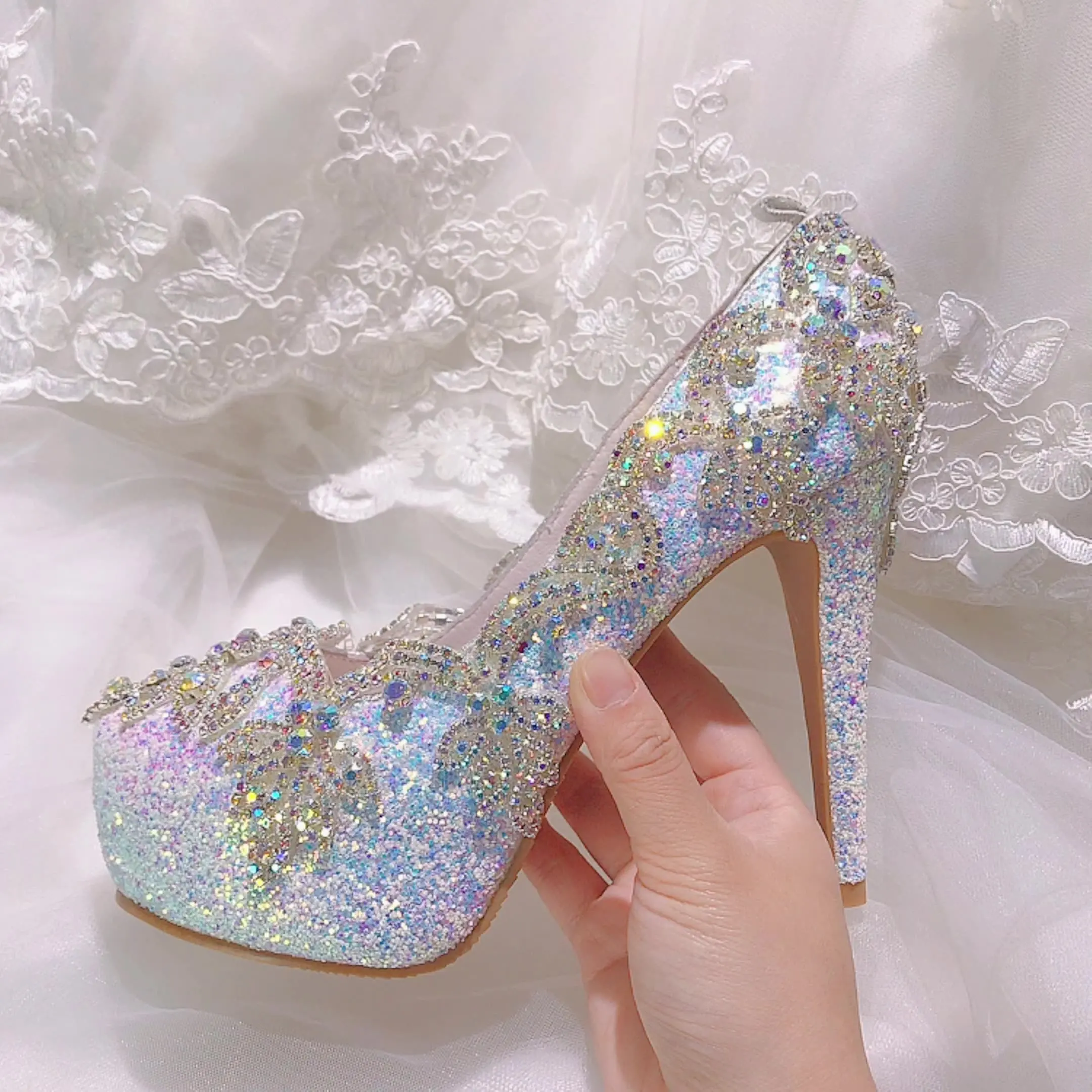 GOHYPDUG spring and autumn dreamy color rhinestone sequin wedding bridal shoes party round head high heel women\'s single