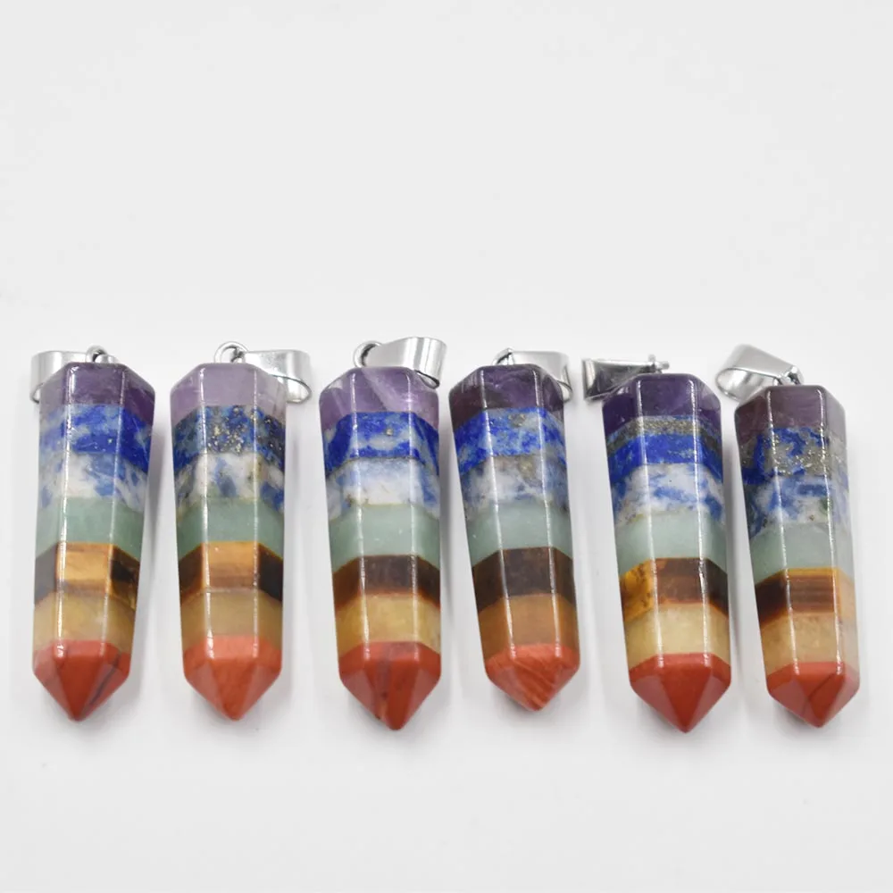 Rainbow 7 Chakra Layered Purple Crystal Tiger eye stone Hexagonal pyramid shape pendants for jewelry making 6pcs/lot wholesale