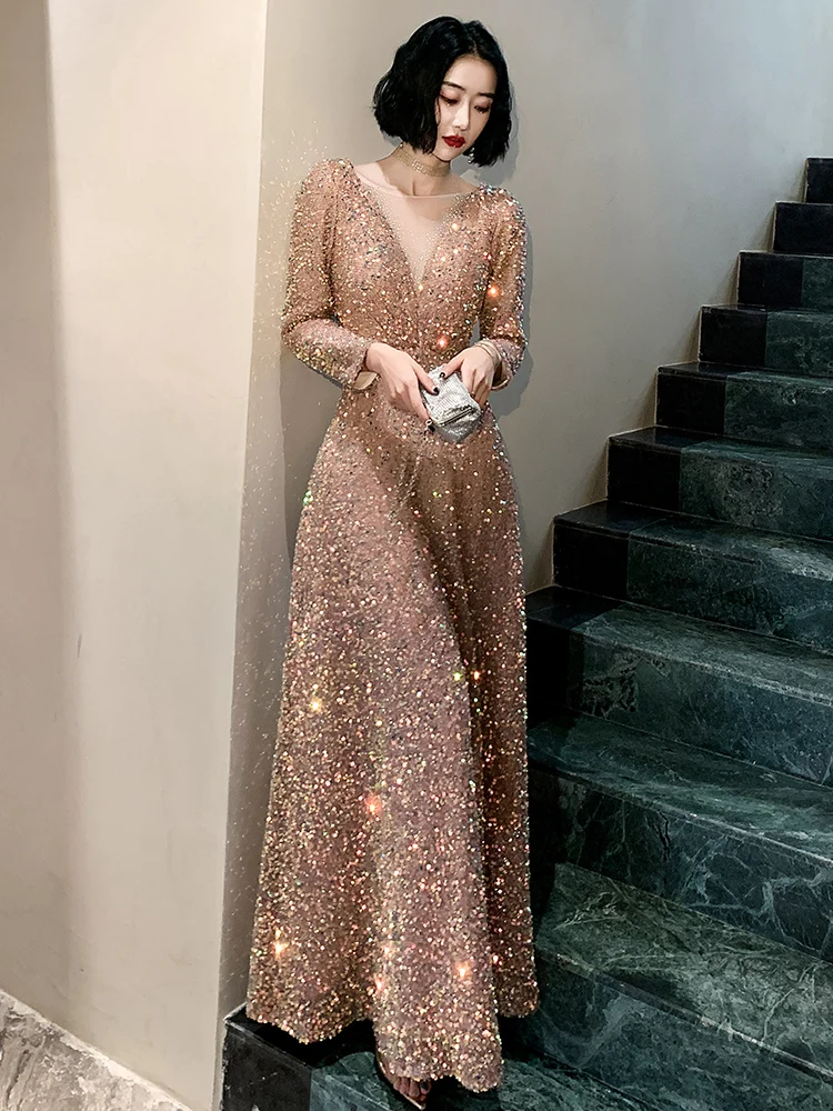 Customized Sequined Long Sleeves Evening Dress O Neck Glitter Prom Dresses Plus Size Elegant Floor Length Vestido de noiva