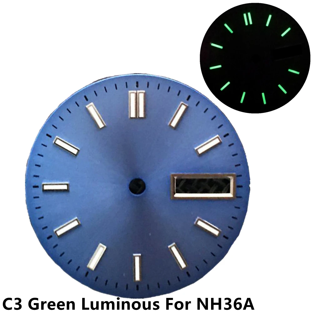 28.5mm Copper C3 Green Luminous Blue Watch Dial For NH36A Dual Calendar Movement Replacement Parts