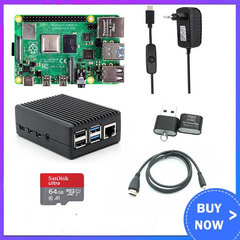 Raspberry Pi 4 2GB 4GB RAM mit ABS Fall Netzteil Aluminium Kühlkörper + HDMI-kompatibel kabel für Raspberry Pi 4 Modell B Pi 4B