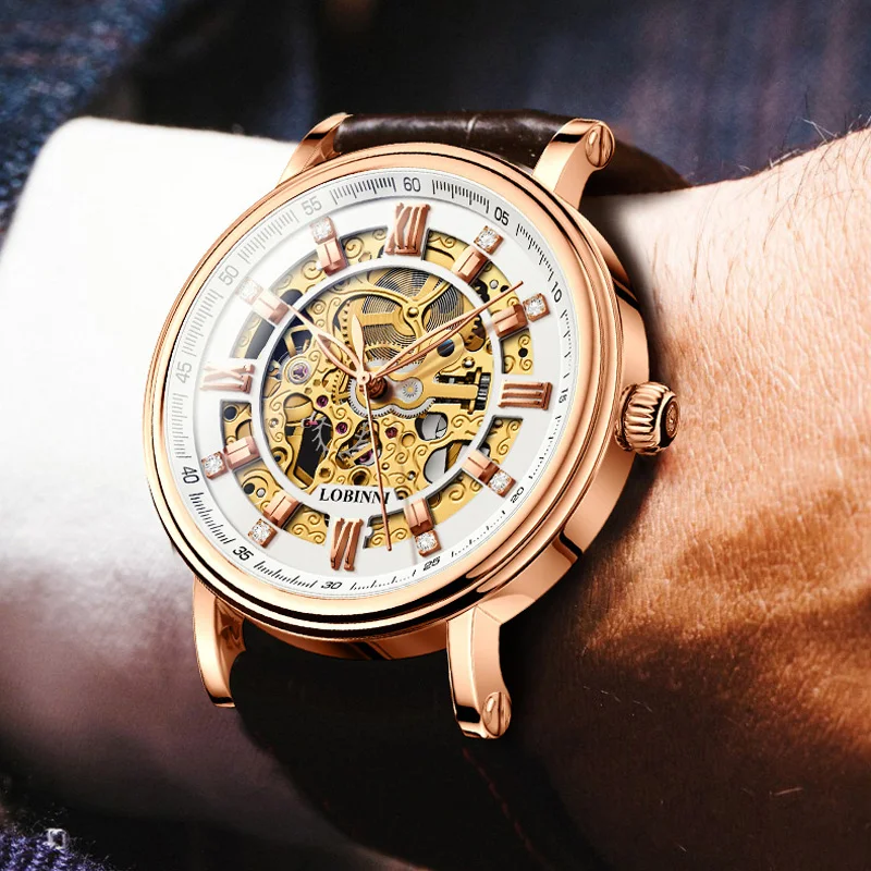 LOBINNI Orologi automatici da uomo d'affari vintage quadrante scheletrato orologi meccanici con cinturino in pelle marrone tono oro rosa