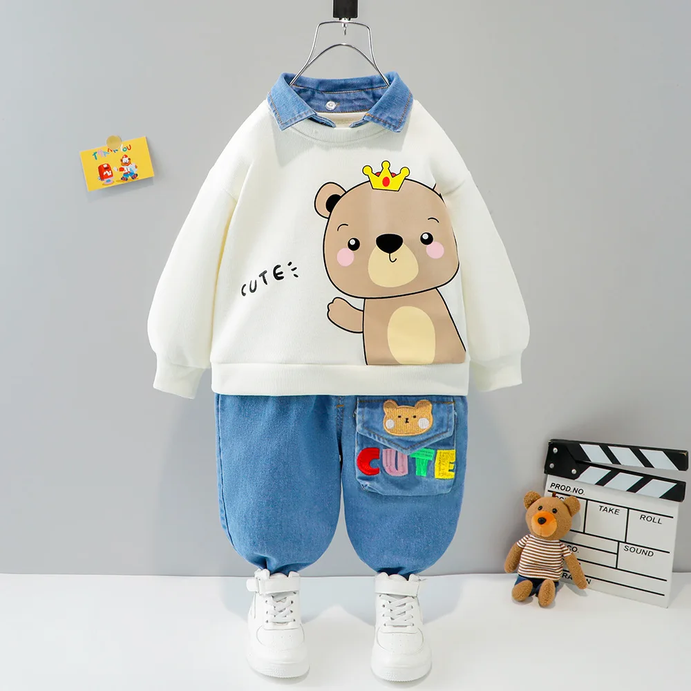 Baby Boys Clothes Set Newborn Infant Autumn Suit Cartoon Bear Sweatshirt Tops Jeans 2Pcs Outfits for Toddler Kids Sport Clothing