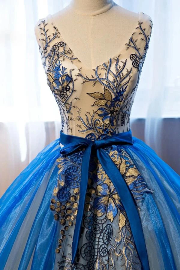 Vestido único de fiesta de Organza con cuello en V, vestido de noche de tul azul, largo hasta el suelo, con apliques florales