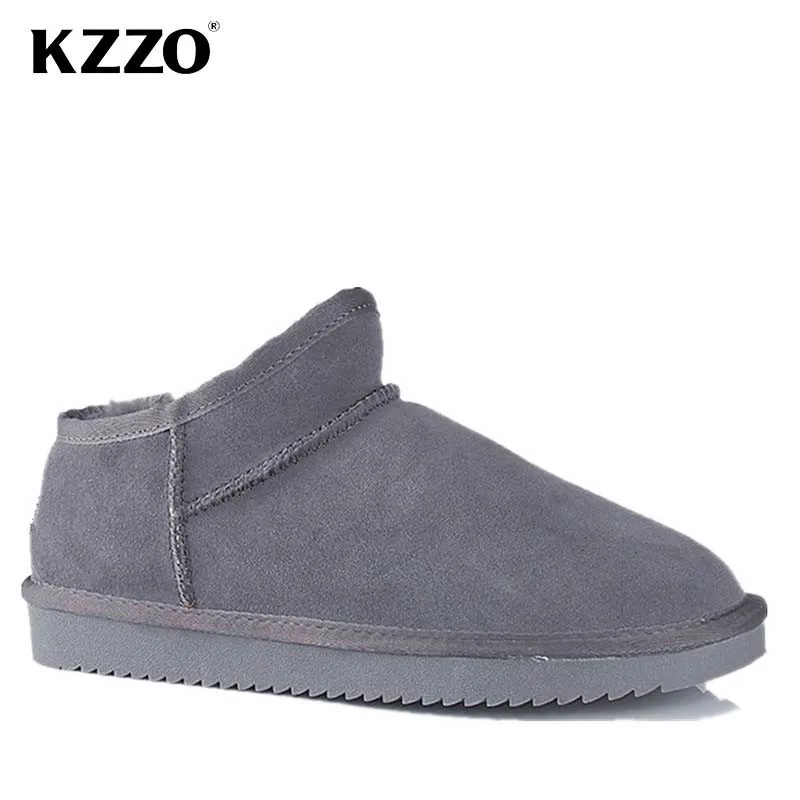 KZZO 100% Genuine Leather Men Snow Boots Natural Wool Lined Winter Warm Australian Classic Mini Short Casual Boots Grey 38-47