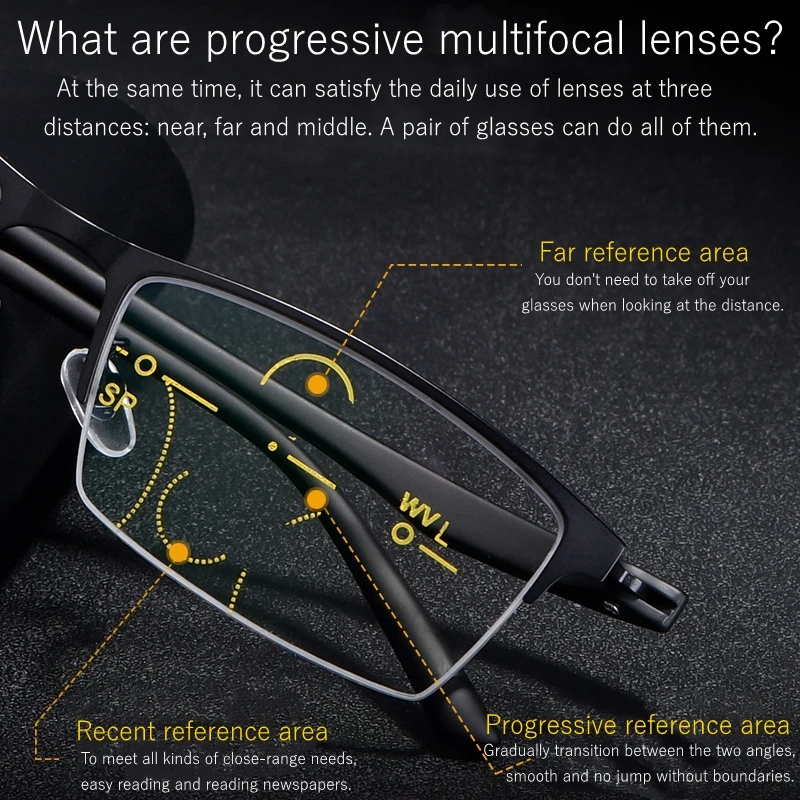 Progressive Reading Glasses Men Multifocal TR90 Customized Presbyopia Glasses Anti Blue Light Half Frame Black 175