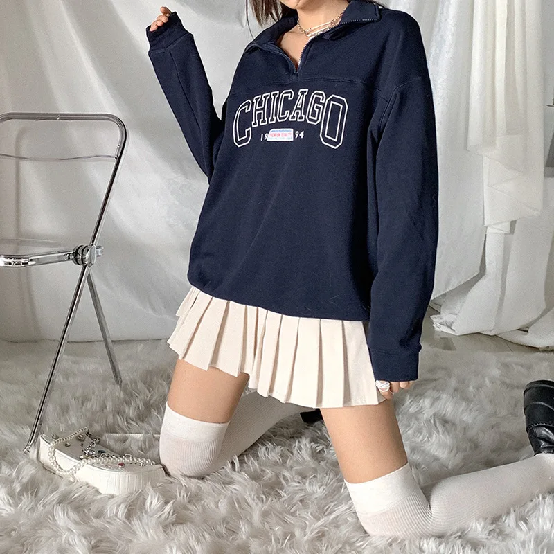 Dark Blue Letter Printing Zip Up Collar Sweatshirt Women Vintage Brand Fashion Oversized Loose Casual Streetwear New Long Sleeve