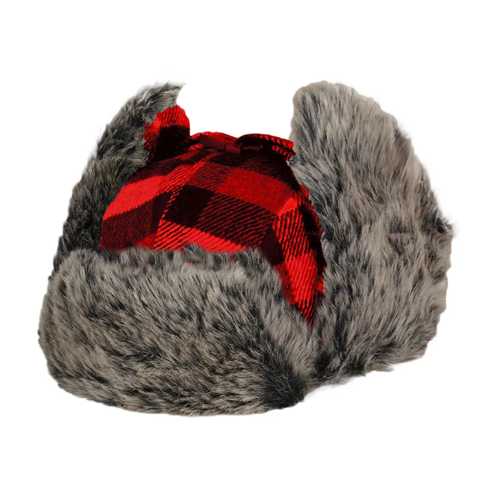 Winter Hats for Mens Bomber Hat Fur Red Warm Earflap Cap Windproof Women Thicker Plaid Russian Ushanka Lei Feng Hat Ski Snow Cap