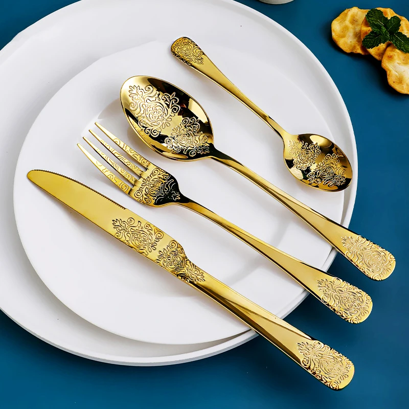 Noble Golden Cutlery Set,European Knife and Fork Spoon Embossed Western Tableware Retro Stainless Steel Dinnerware Sets