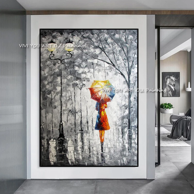 Rainy City Walk Canvas, Lady With Colorful Umbrella, Hand‑Painted Vertical Impasto Oil Painting For Romantic Modern Entryway