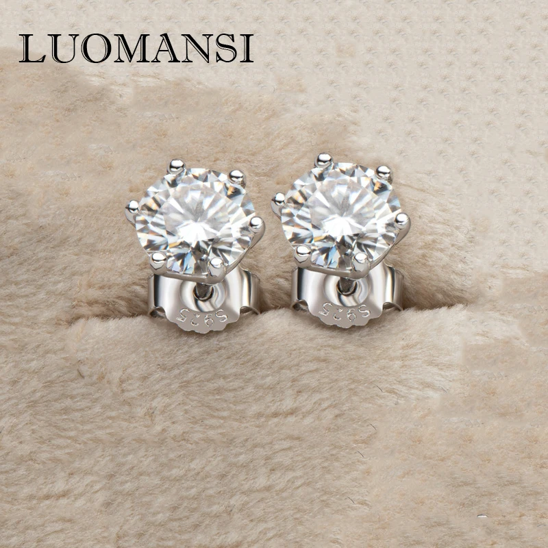 

Luomansi Classic 0.5/1 Carat Mozanstone Earrings Real S925 Sterling Silver Female Jewelry Wedding Party Gift with Certificate