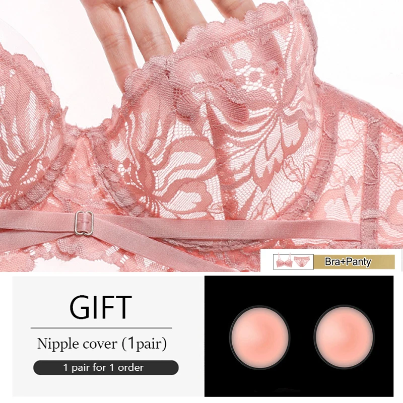 New Pink Female Transparent Bra And Panties Sets Floral Embroidery Ultra Thin Lace Bras Women Underwear Set Female Sexy Lingerie