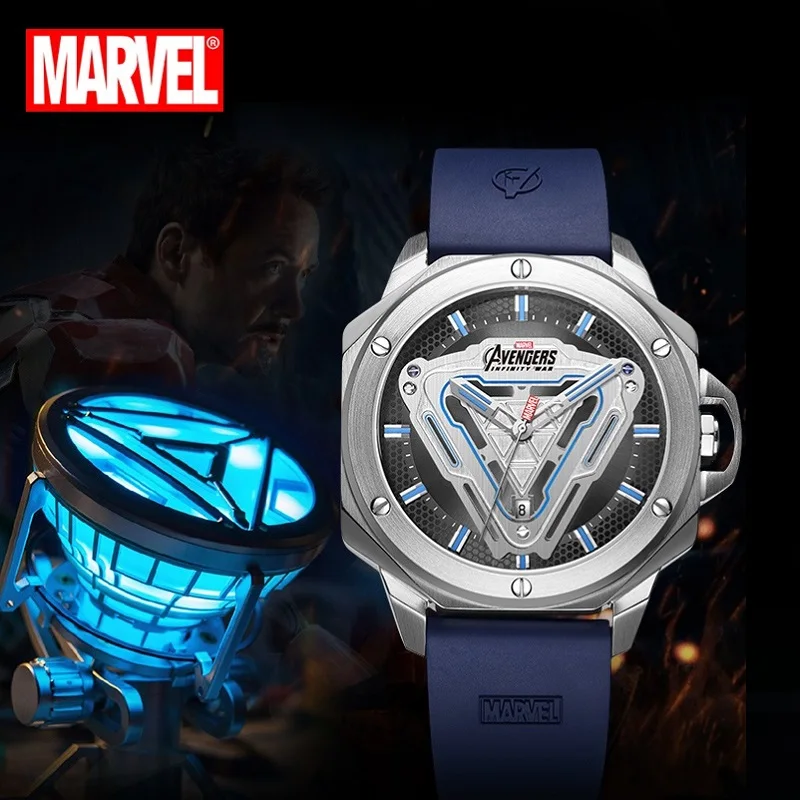 Disney Official Marvel Iron Men Stainless Steel Quartz Casual Wristwatches Energy Reactor Coated Glass 50M Waterproof New Clcok