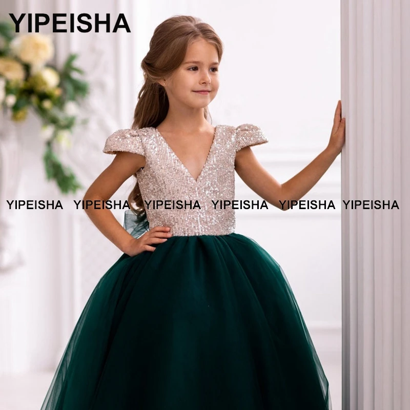 Yipeisha v 넥 캡 슬리브 플라워 걸 드레스 볼 가운 스팽글 파티 파티 드레스 첫 번째 친교 드레스 vestido infanti