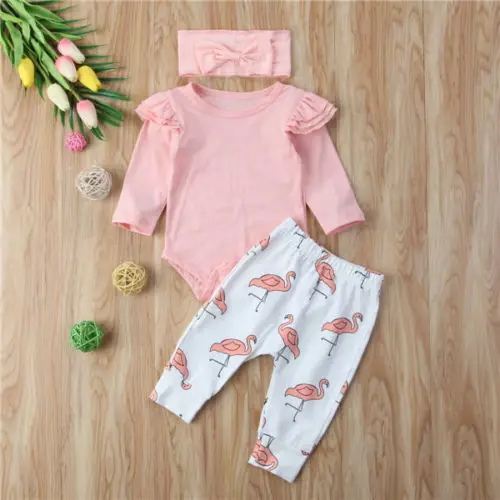 Cute Infant Baby Boys Romper Flying Sleeve Tops + Long Pants Flamingo Headband 3PCS Clothes Set Cute Outfits