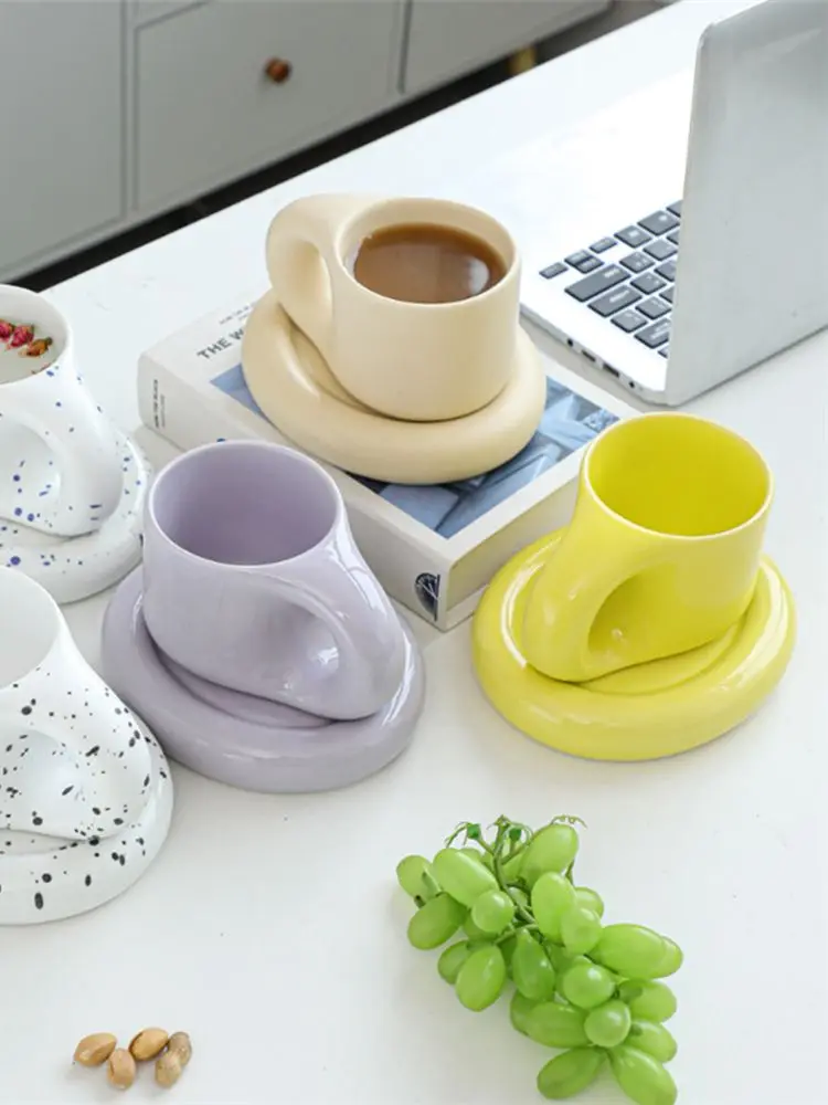 300ml Ceramic Mug Nordic Style Splash Ink With Handle Fat Cup Saucer Set Creative Gift Cute Couple Coffee Cup