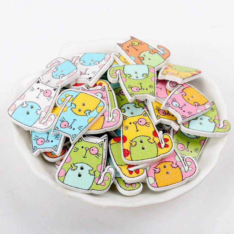 2019 mixed 6colors cat Painted Colorful Wooden Buttons Scrapbooking Decorative Craft 2 Holes Sewing Supplies 22x25mm 20pcs