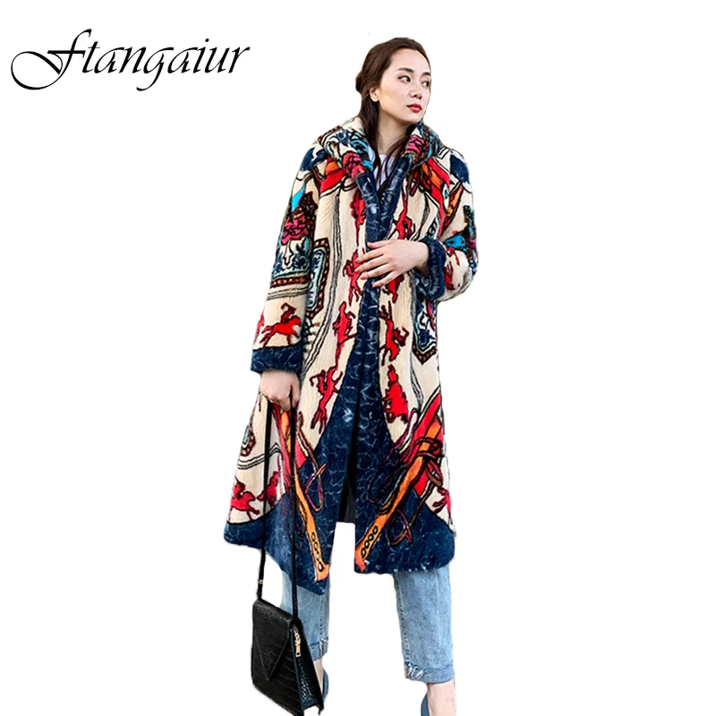 Ftangaiur Winter Import Velvet Mink Coat With Fur Hood Print Colorful Mink Coat Women X-Long Real Natural Mink Fur Coats