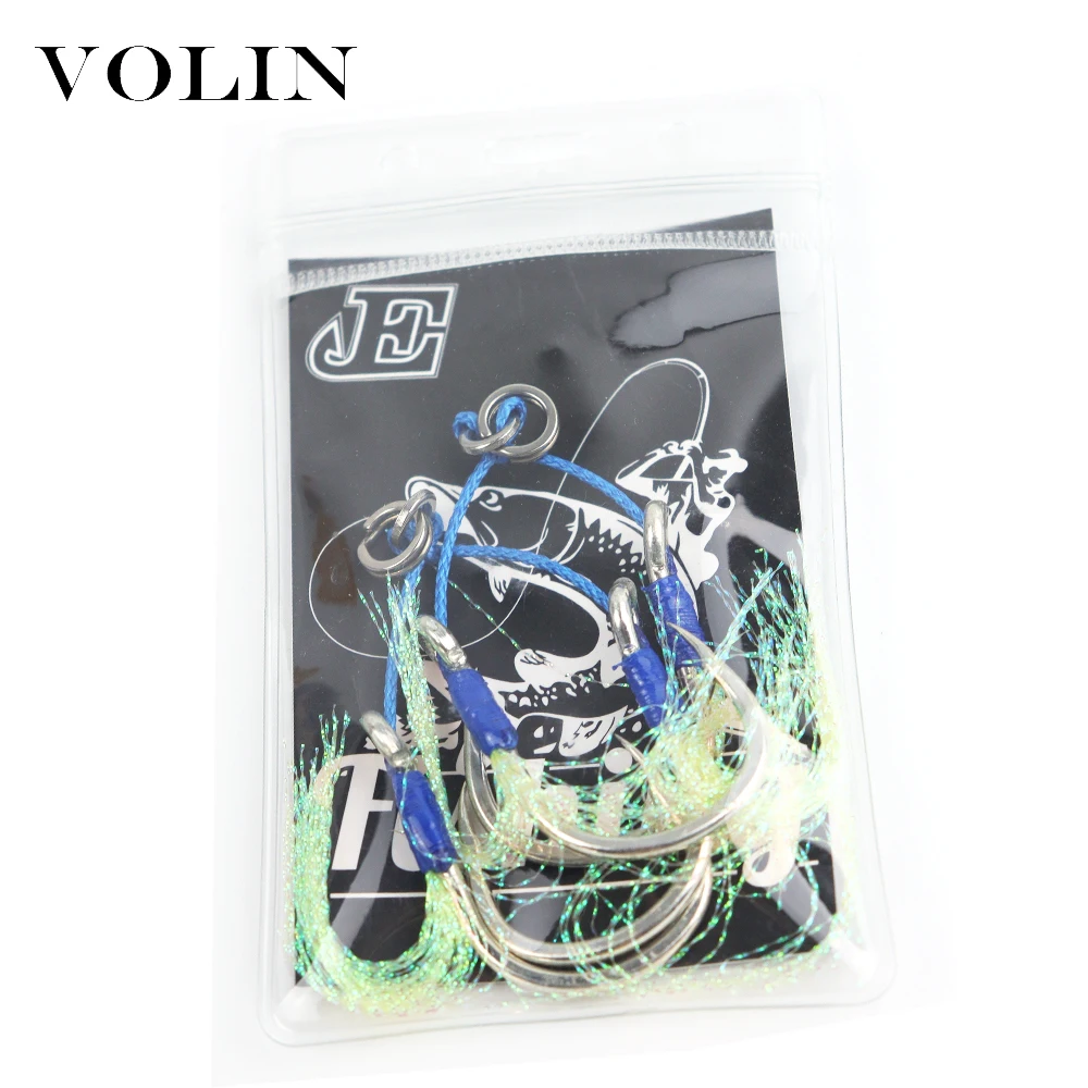 

VOLIN 2pcs Fishing Hooks with Feather Slow Jigging Double Assist Hook 1/0 2/0 3/0 5/0 7/0 Thread High Carbon Steel Kevlar Line