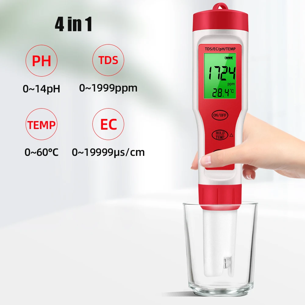 Tester per Monitor di qualità dell'acqua digitale per misuratore di temperatura professionale PH/TDS/EC 4 in 1 per piscina, acqua potabile, acquari