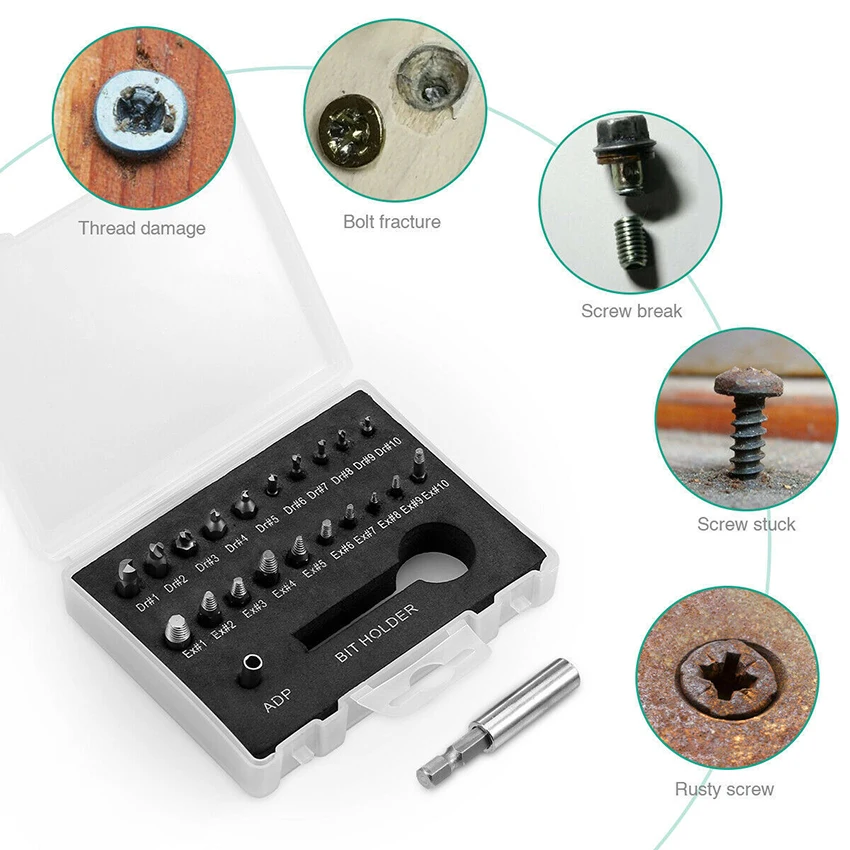 22 pz/set estrattore di viti/Set di punte da trapano con supporto per punte, adattatore per presa, gambo da 6.35mm e 4mm, estrattore di viti rotte