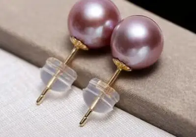 Free Shipping noble jewelry charming pair of 9-10mm south sea round lavender pearl earring new 18 ksolid gold