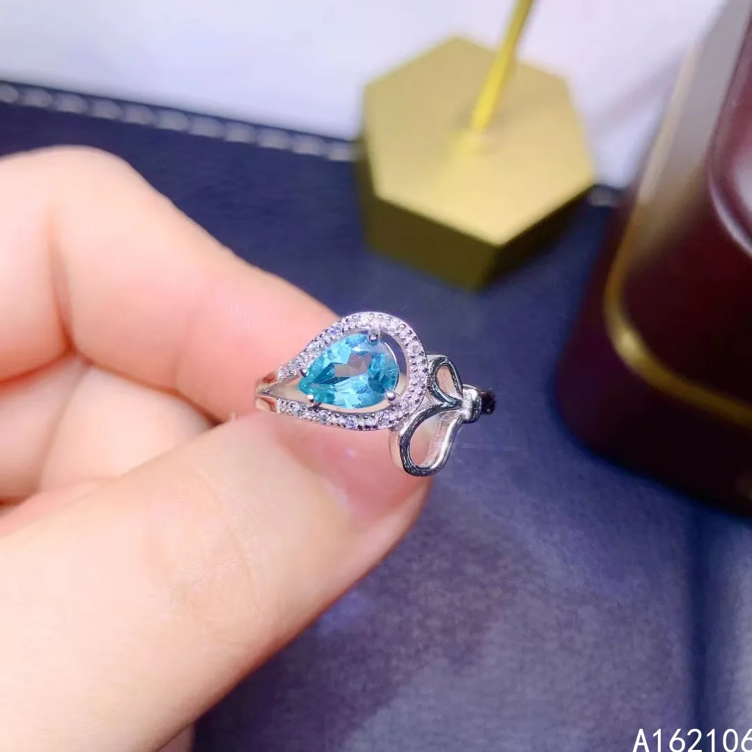 925 Pure Silver Chinese Style Natural Apatite Women's Luxury Classic Water Drop Adjustable Gem Ring Fine Jewelry Support Detecti