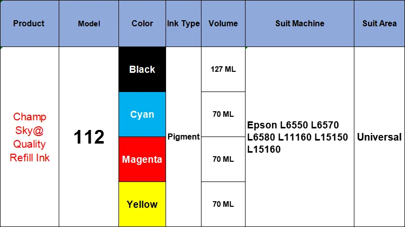 SKY Quality Refill Ink For 112  T112 For Epson L6550 L6570 L6580 L11160 L15150 L15160  printer  [ALL 4 PIGMENT]