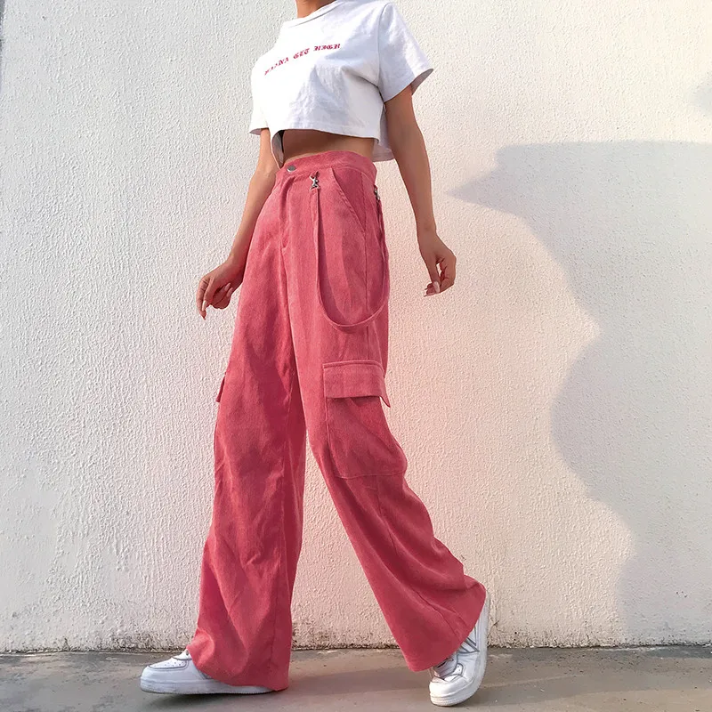 Korean Casual Cargo Pants Women Harajuku Streetwear Fashion Corduroy Wide Pants Ribbon Vintage Hip Hop Pink Trousers Black Green