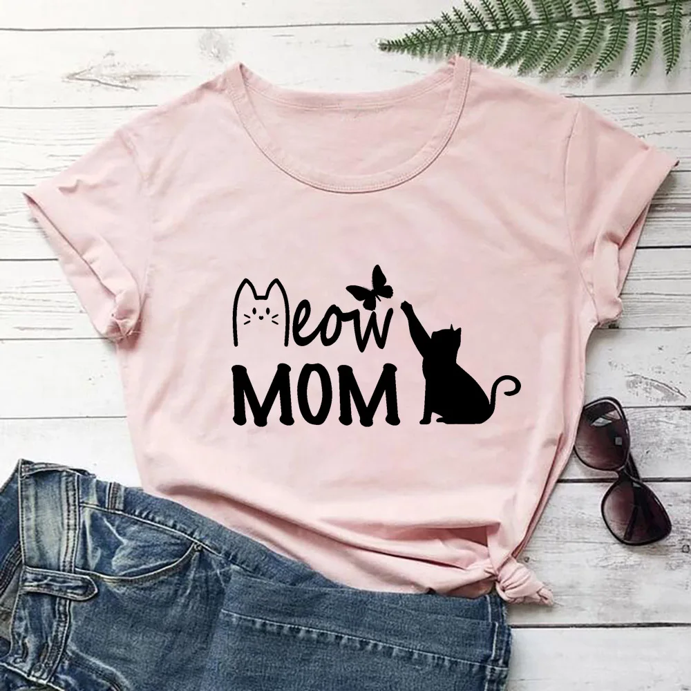 Meow Mom Cute Cat with Butterfly 100%Cotton Women Tshirt Cat Mom Life Funny Summer Casual Short Sleeve Tops Pet Lover Gift