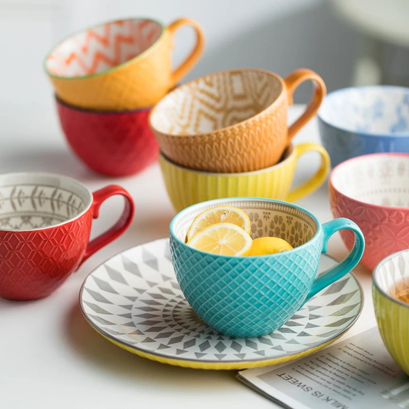 European Style Ceramic Coffee Cups Milk Tea Breakfast Mug Cappuccino Flower Cups Latte Kitchen Tableware High-grade