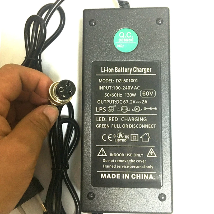 Cargador de batería de litio para monopatín, monociclo autoequilibrado de 67,2 V, 2a, 60V, 10Ah, 12Ah, 20Ah, XLR, 3 pines, 12mm, CC