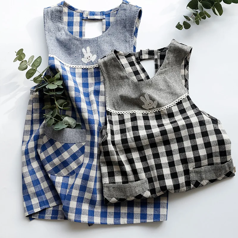 Japanese Plaid Apron Loose Cotton Linen with Pockets Home Daily Kitchen Restaurant Waiter Overalls