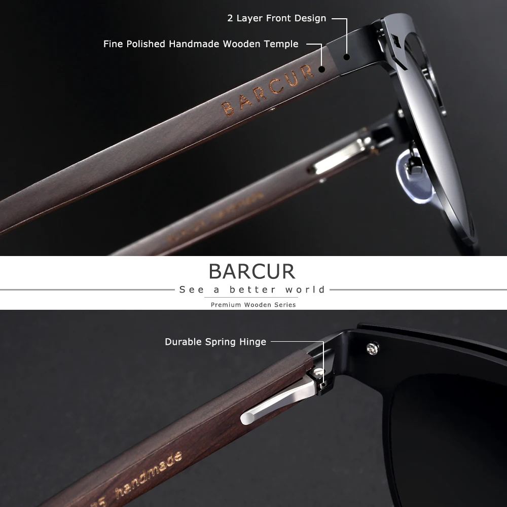 BARCUR Cat Eye Wood Sunglasses Polarized Stainless Steel Frame wooden Sun Glasses for Men Women Oculos lunette de soleil femme