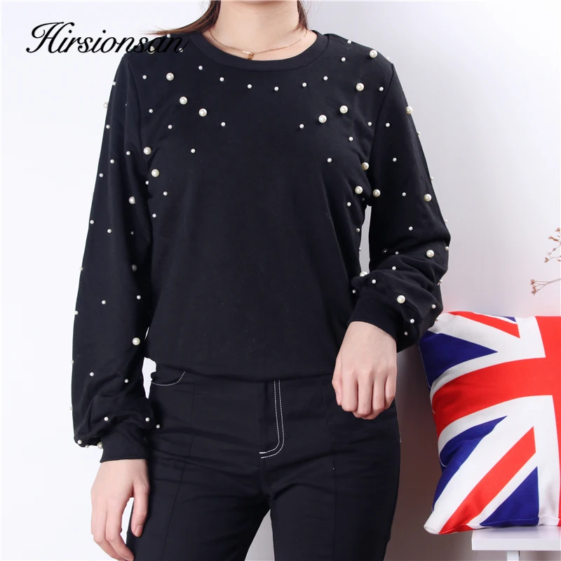 Hirsionsan Pearl Beading Hoodies Sweatshirt Women Black Tops Harajuku O-Neck Long Sleeve Pullover Sweatshirt Ladies Casual Tops